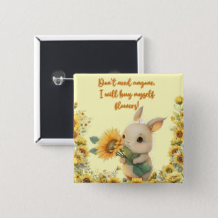 Square Button   Cute Rabbit Holding Sunflower