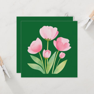 Square Card with Watercolor Tulips on Green