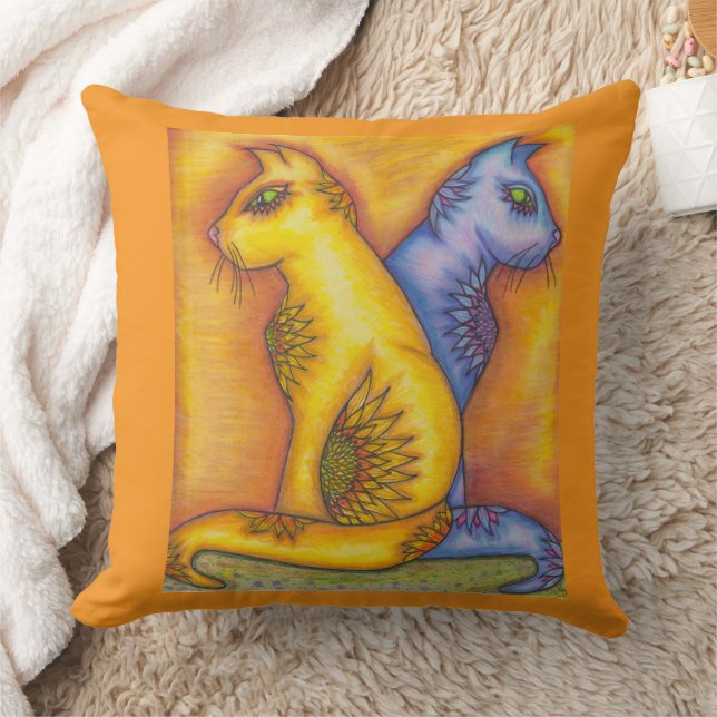 Square Cat Print Pillow With Two Floral Cats   (Blanket)