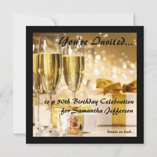 Square Champagne Sparkle Golden 50th Birthday Invitation (Front)