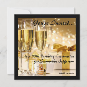 Square Champagne Sparkle Golden 50th Birthday Invitation