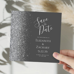 Square Charcoal Grey Silver Glitter Save the Date Announcement