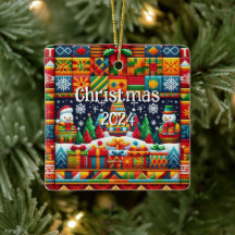 Square Christmas 2024 Kente Pattern Ornament