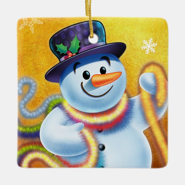 Square Christmas tree decoration Snowman & tinsel. (Front)