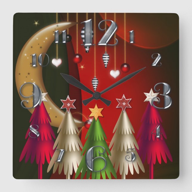 Square Christmas Trees and Baubles Clock (Front)