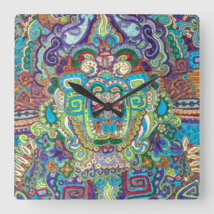 square clock with funky design in cool colours