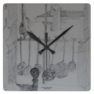 Square clock with kitchen ladles and utensils.