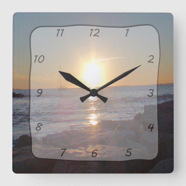 Square Clock with Ocean Sunset & Sailboat Photo (Front)