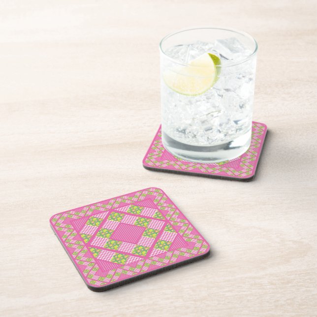 Square Coaste: Pink, Primroses, Polkas and Gingham Coaster (Right Side)