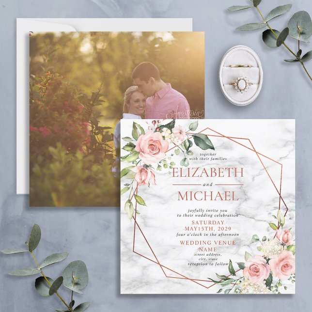 Square Copper Geometric Marble Pink Floral Photo Invitation (Creator Uploaded)