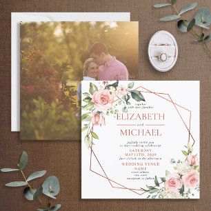 Square Copper Geometric Peach Pink Floral Photo Invitation