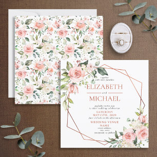 Square Copper Geometric Peach Pink Floral Wedding Invitation
