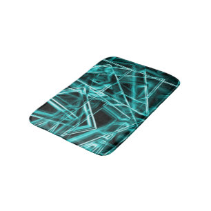 Square corners and 'neon' cyan or sky blue spots bath mat