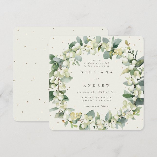 Square Cream Snowberry+Eucalyptus Wreath Wedding Invitation (Front/Back)