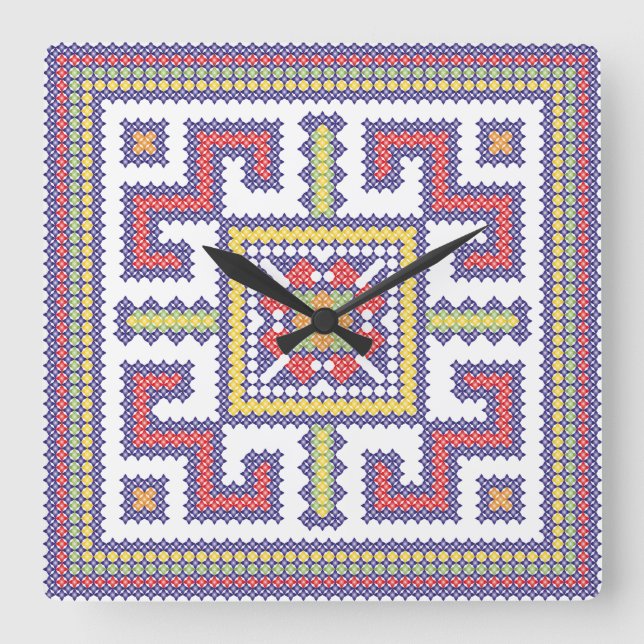 Square cross-stitch pattern wall clock (Front)