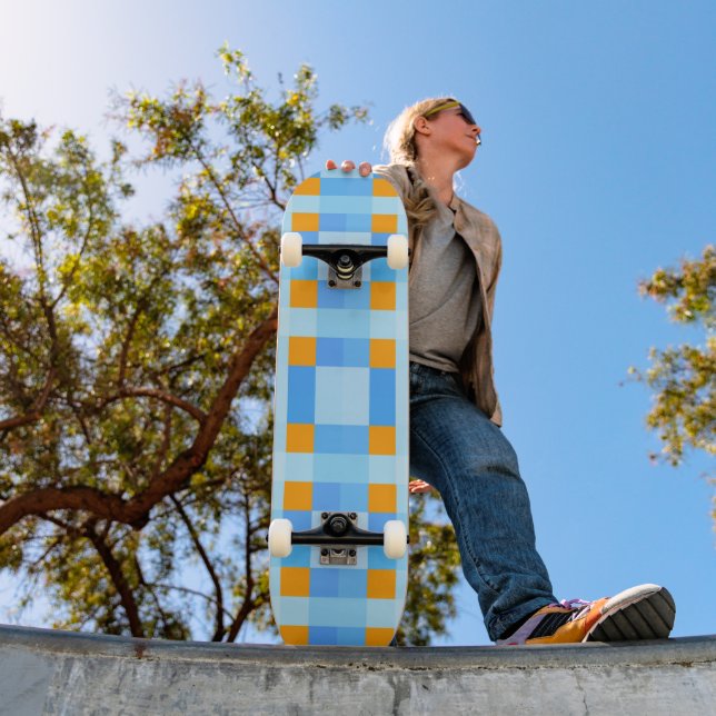 Square Crosses Check 10 Blue Orange  Skateboard (Outdoor 1)