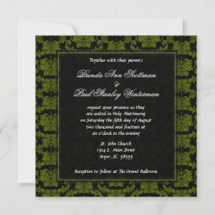 Square Damask Green Wedding Invitation