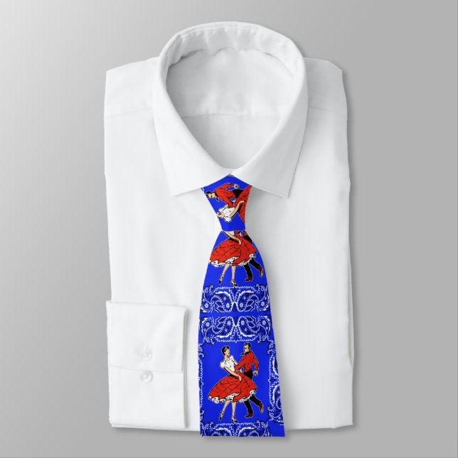 Square Dance Couple On Blue Bandanna Print Tie (Tied)