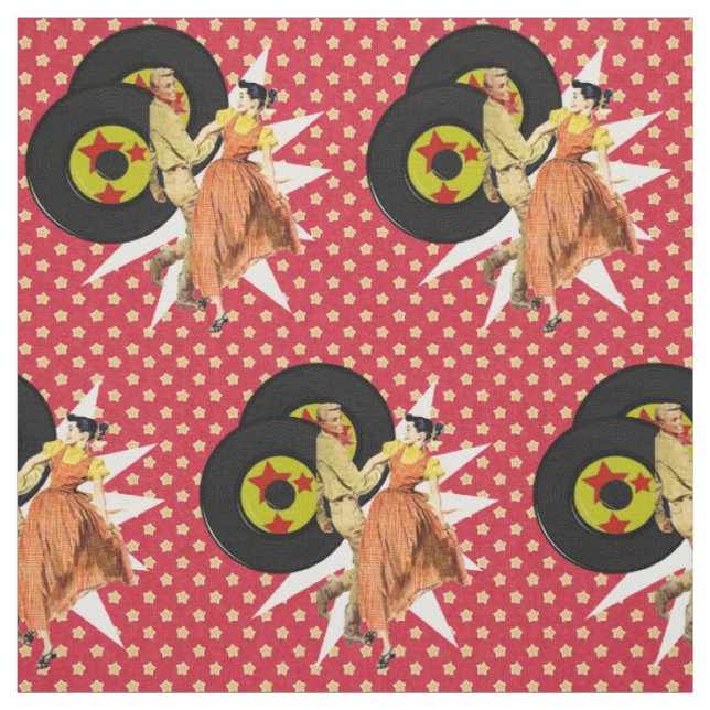 Square Dancers Or Swing Dancers With Records Pirnt Fabric (Swatch)