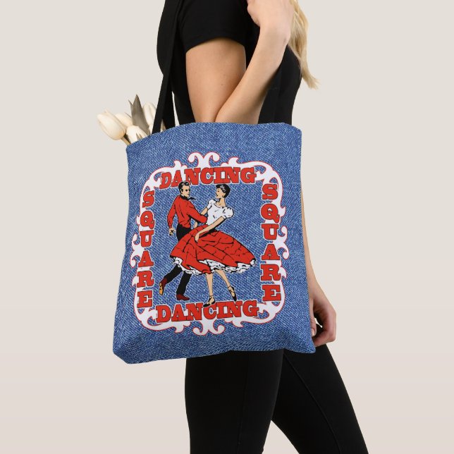 Square Dancing Couple In Red/Faux Denim Background Tote Bag (Close Up)