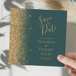 Square Dark Green Gold Glitter Save the Date Announcement