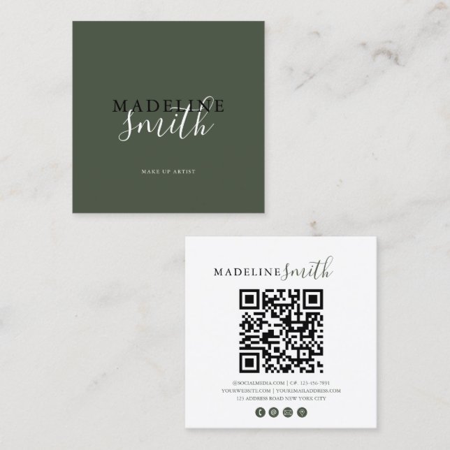 Square Dark Green Script QR code Business Card (Front/Back)