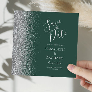 Square Dark Green Silver Glitter Save the Date Announcement