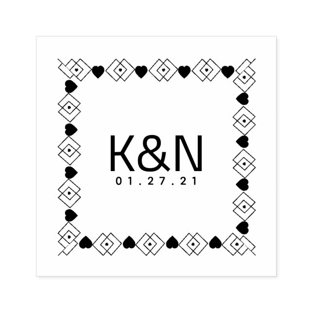 Square Deco Diamond Heart Initial Logo Wedding Rubber Stamp (Imprint)