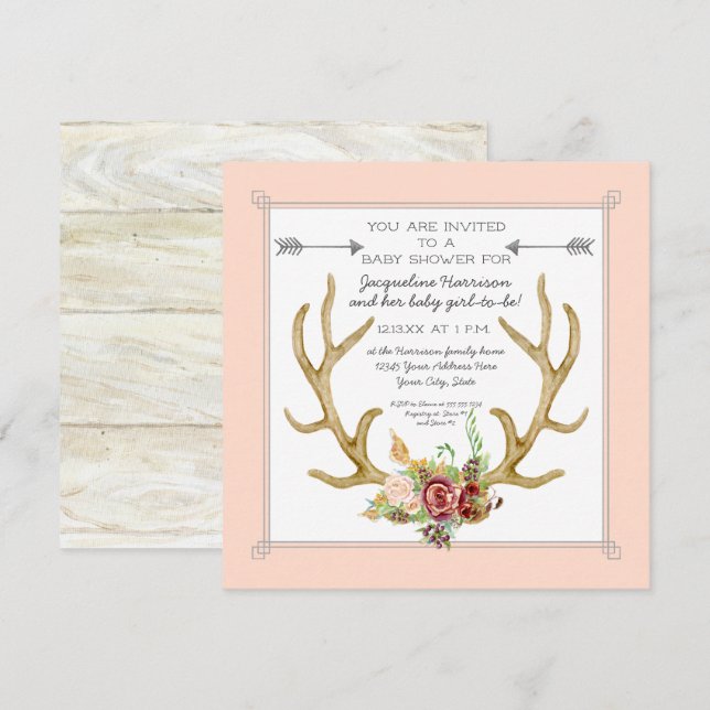 Square Deer Antler Blush Floral Baby Girl Shower Invitation (Front/Back)