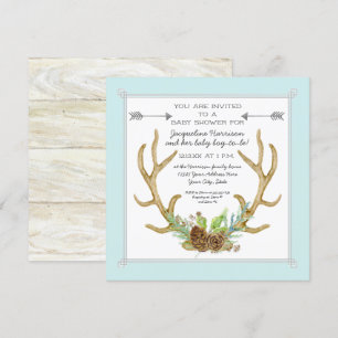 Square Deer Antler Pine Cone Ferns Baby Boy Shower Invitation
