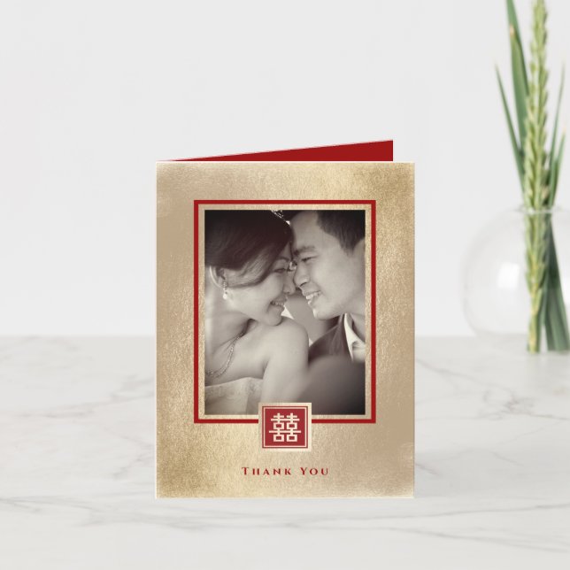 Square Double Happiness Gold Chinese Wedding Photo Thank You Card (Front)