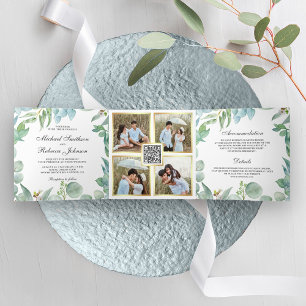 Square Eucalyptus Frame QR Code Wedding Tri-Fold Invitation