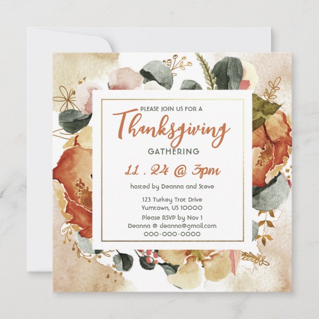 Square Fall Floral Burnt Orange Thanksgiving  Invitation (Front)