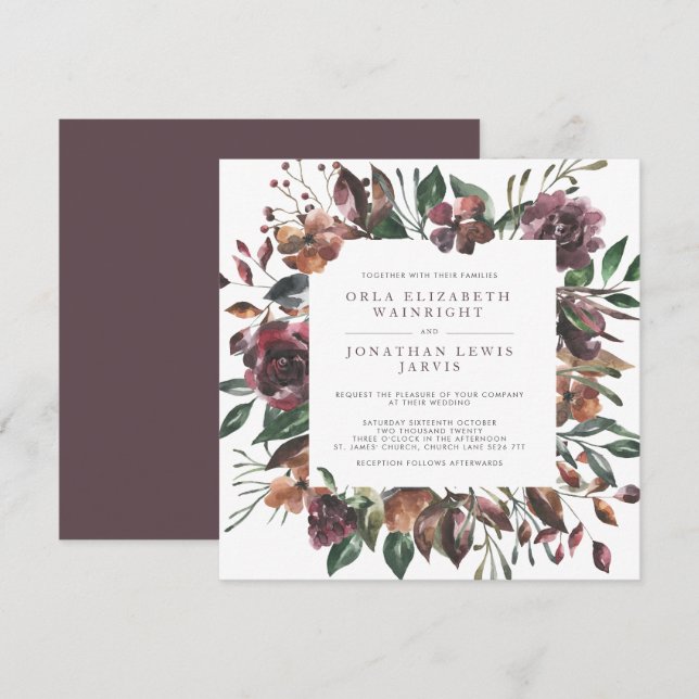 Square Fall Watercolor Muted Floral Frame Wedding Invitation (Front/Back)