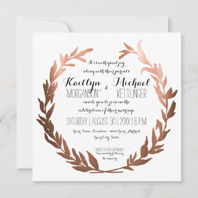 Square Faux Copper Laurel Wreath Olive Leaf Branch Invitation (Front)