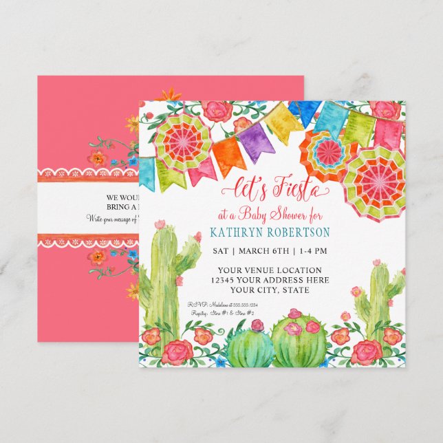Square Fiesta Cactus Baby Shower Girl Paper Fan Invitation (Front/Back)