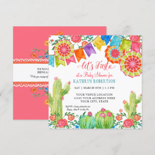 Square Fiesta Cactus Baby Shower Girl Paper Fan Invitation