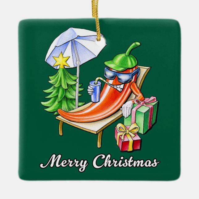 Square Fir Green Chilli Merry Christmas Ceramic Ornament (Front)