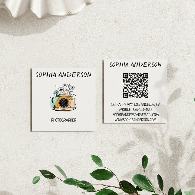 Square Floral Camera Photographer with QR Code  Business Card (Creator Uploaded)