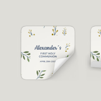 Square Floral Personalised First Communion Square Sticker
