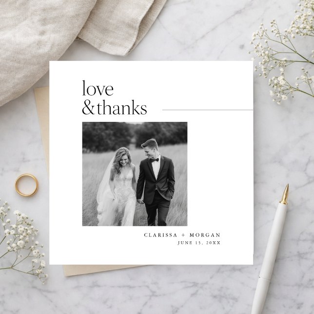 Square Formal Love and Thanks Wedding Photo Thank You Card (Creator Uploaded)