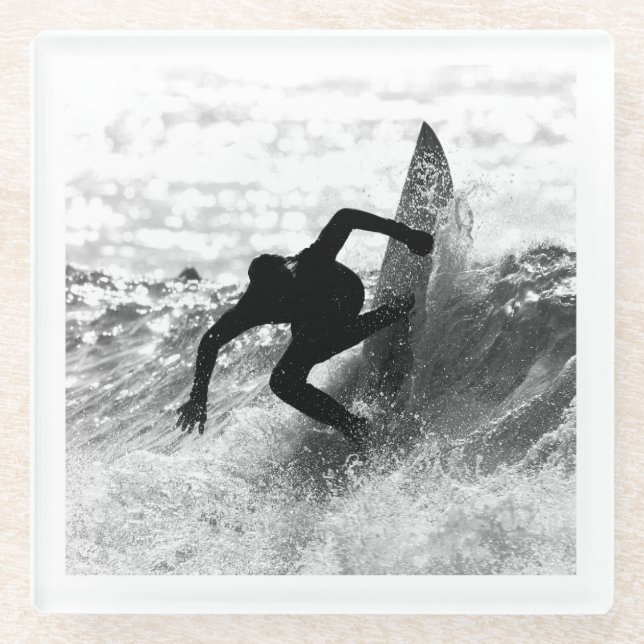 Square Format Surf Art Monochrome Glass Coaster (Front)