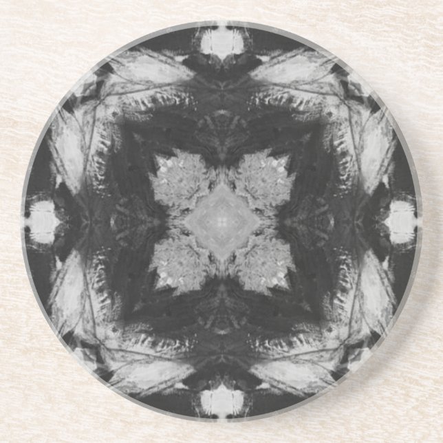 Square four pointed star grey black white charcoal coaster (Front)