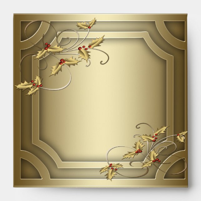 Square Gold Holly Christmas Envelopes (Front)