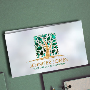 Square Gold  Tree of life Art- Malachite leaves Business Card