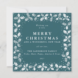Square Green Hand Printed Holly Merry Christmas Holiday Card
