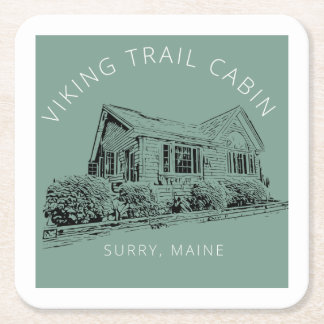 Square, green, paper coaster of Viking Trail Cabin