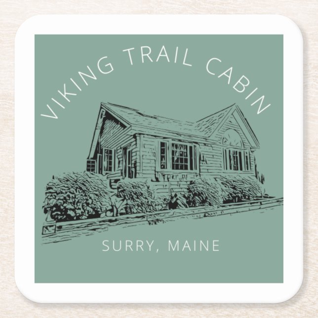 Square, green, paper coaster of Viking Trail Cabin (Front)