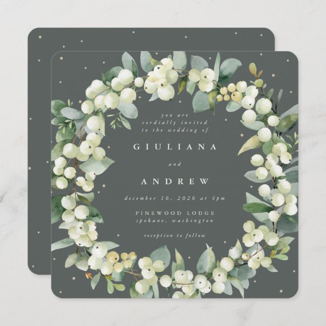Square Green Snowberry+Eucalyptus Wreath Wedding Invitation (Front/Back)