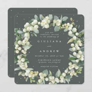 Square Green Snowberry+Eucalyptus Wreath Wedding Invitation